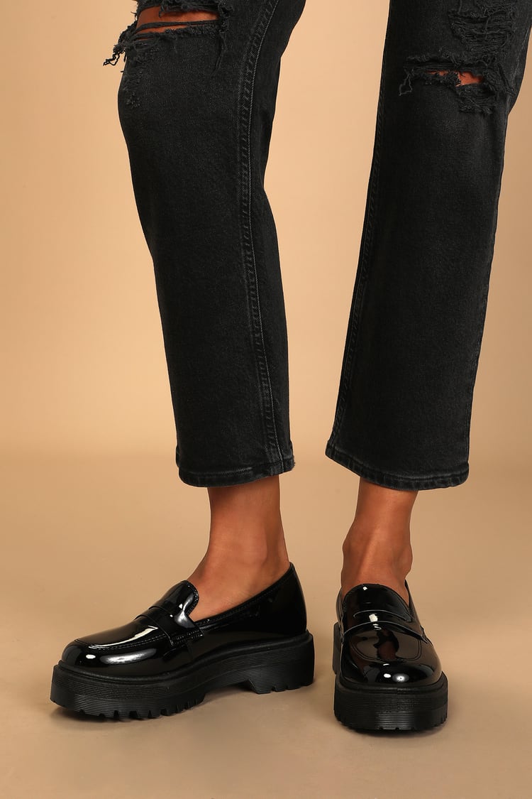 gradvist galleri tildeling Black Patent Loafers - Flatform Loafers - Faux Leather Shoes - Lulus