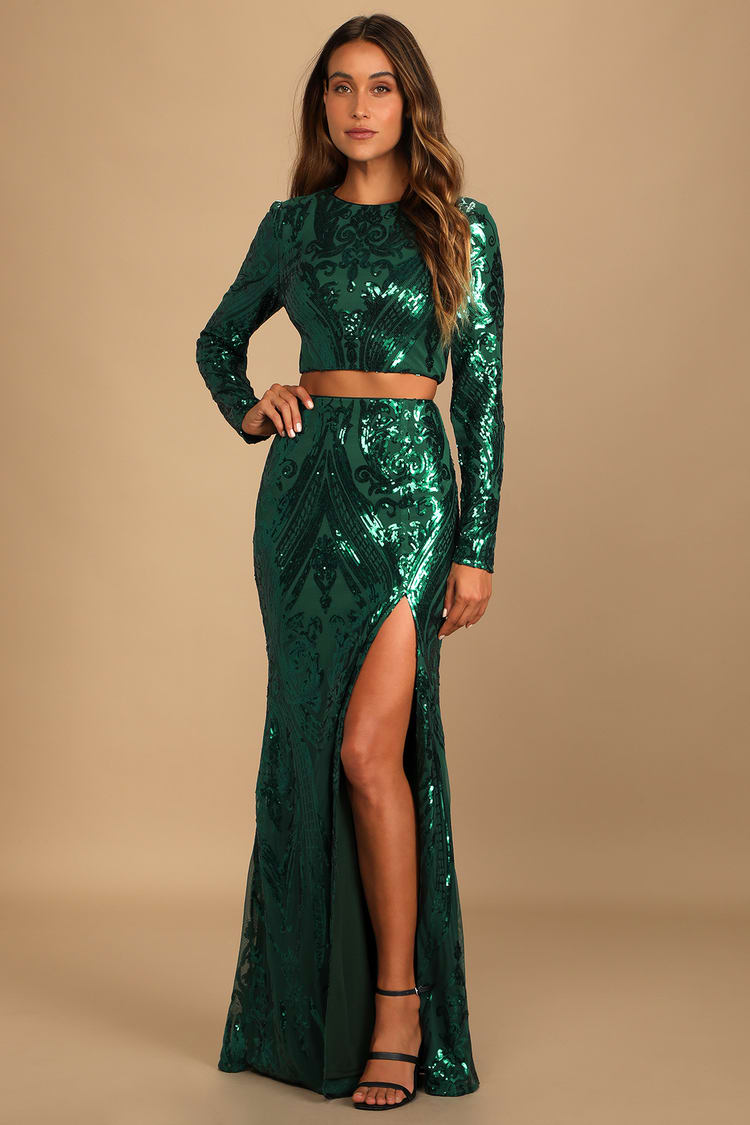 Luxe Aesthetic Green Sequin Long Sleeve Two-Piece Maxi Dress