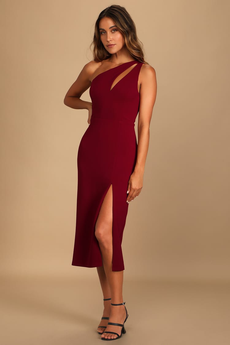 Burgundy Midi Dress - Asymmetrical Dress One-Shoulder -