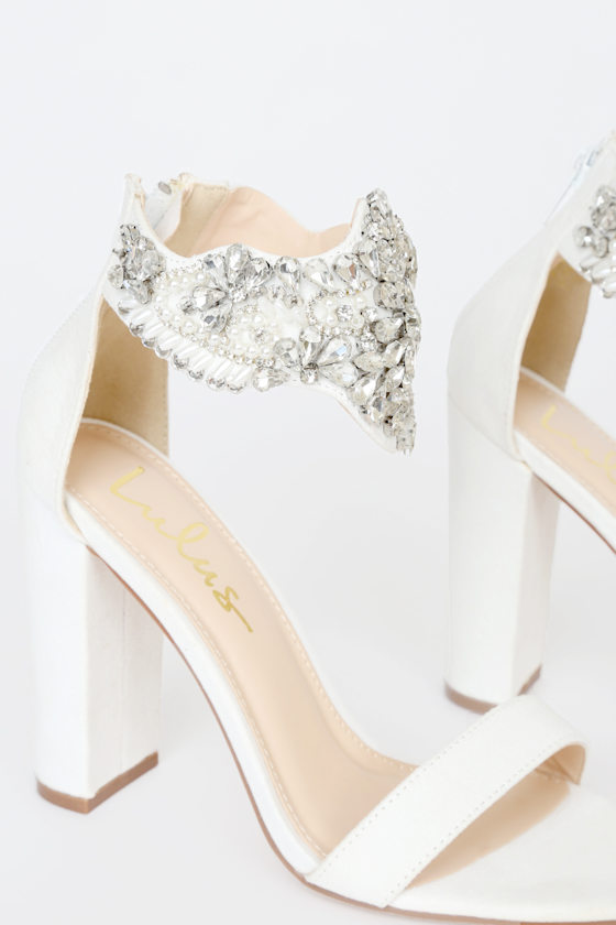 Dannah White Suede Rhinestone and Pearl High Heel Sandals 1