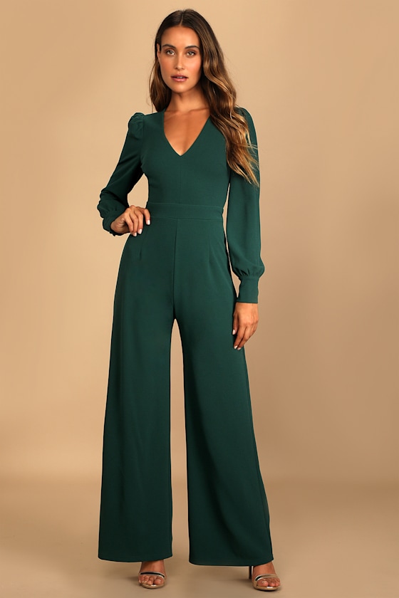 Celebrating Romance Emerald Green Long Sleeve Wide-Leg Jumpsuit - thumbnail 3