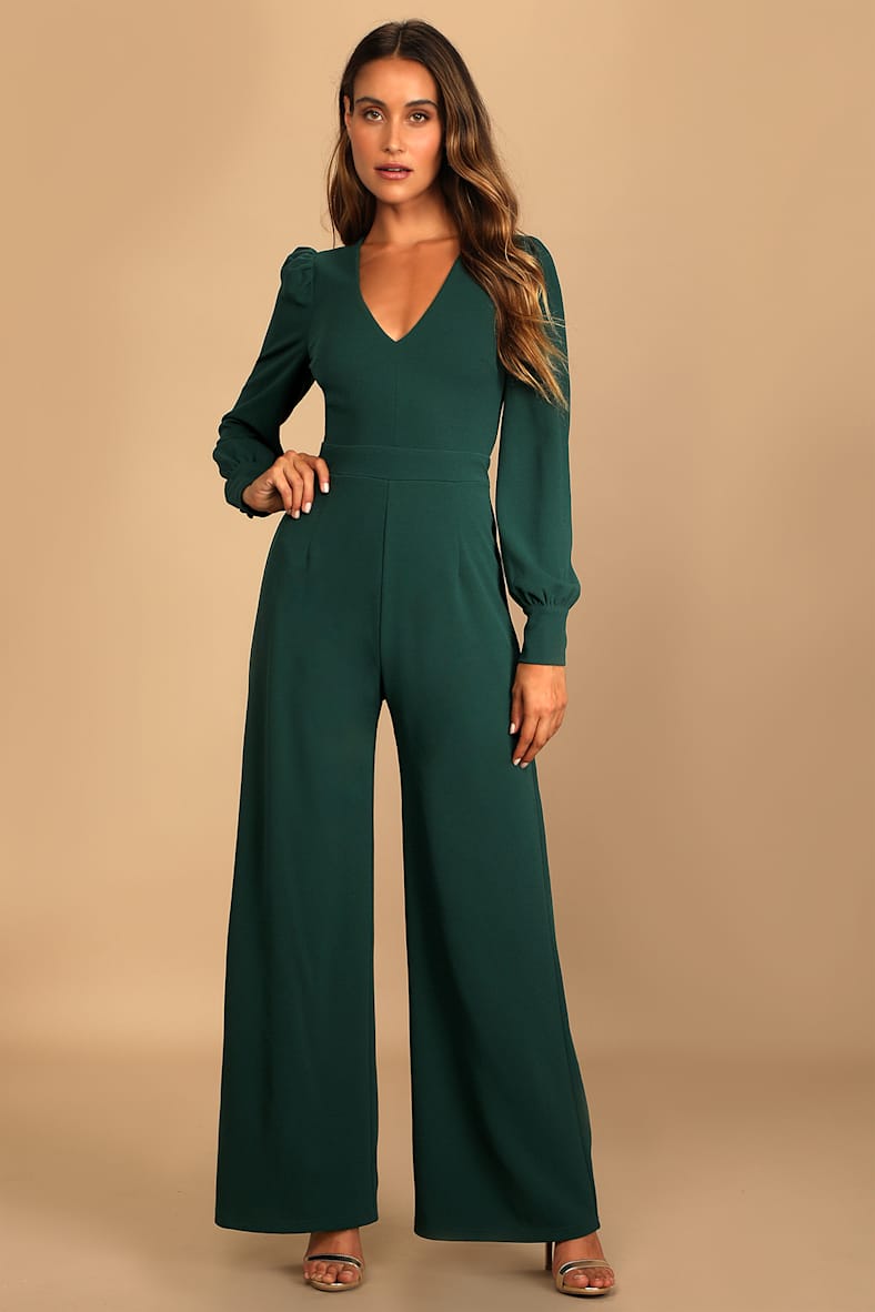 Celebrating Romance Emerald Green Long Sleeve Wide-Leg Jumpsuit