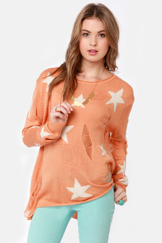 Cute Peach Sweater - Star Print Sweater - Shredded Sweater - $58.00 - Lulus