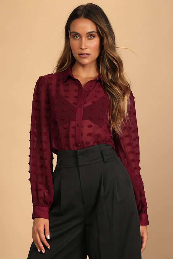 Secret Spot Burgundy Dotted Sheer Long Sleeve Button-Up Top 5