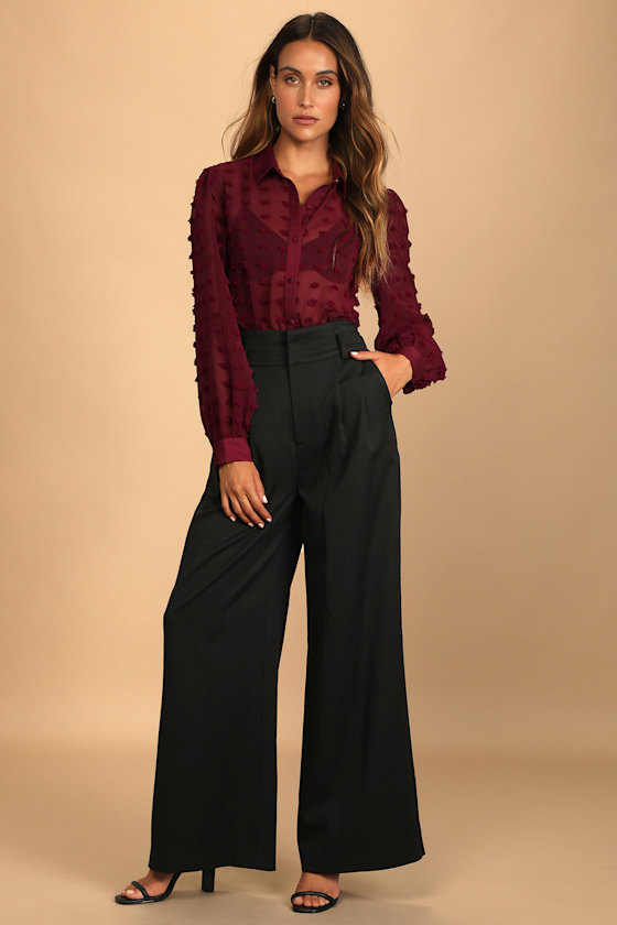 Secret Spot Burgundy Dotted Sheer Long Sleeve Button-Up Top 6