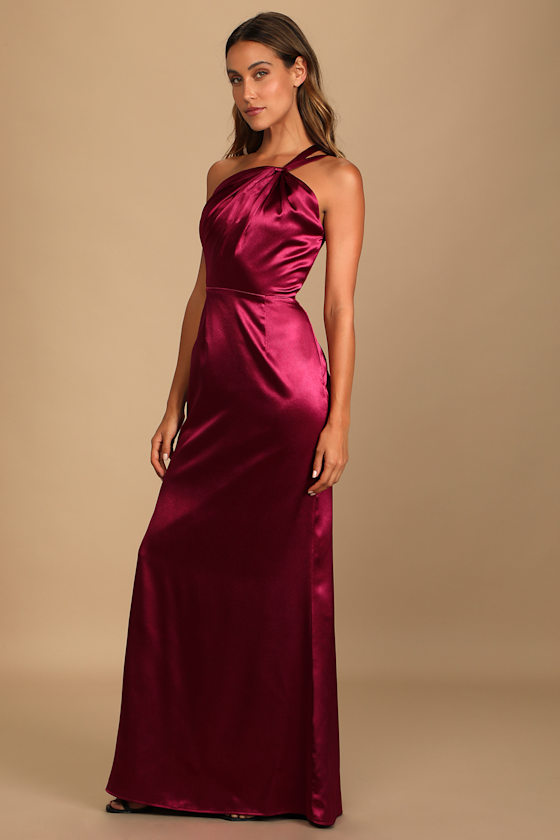 Devotion to Love Wine Satin One-Shoulder Maxi Dress