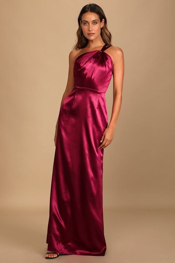 Devotion to Love Wine Satin One-Shoulder Maxi Dress 9