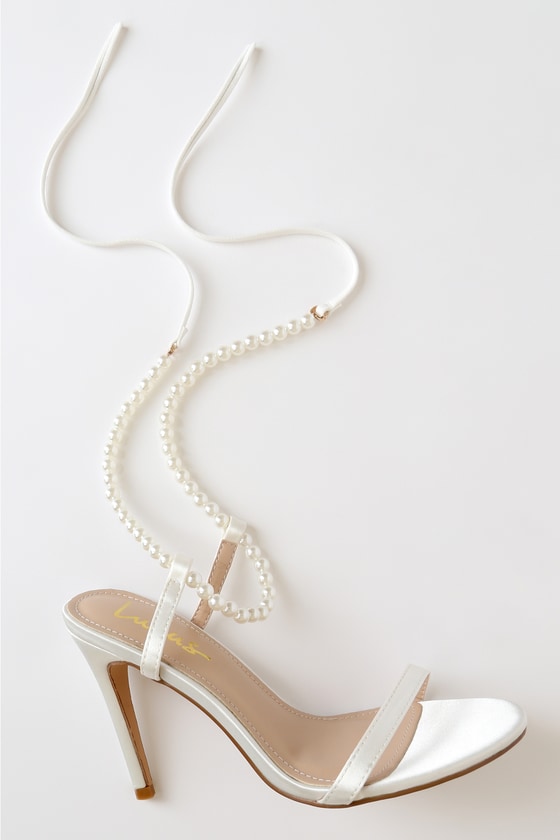 Letzy White Satin Pearl Lace-Up High Heel Sandals