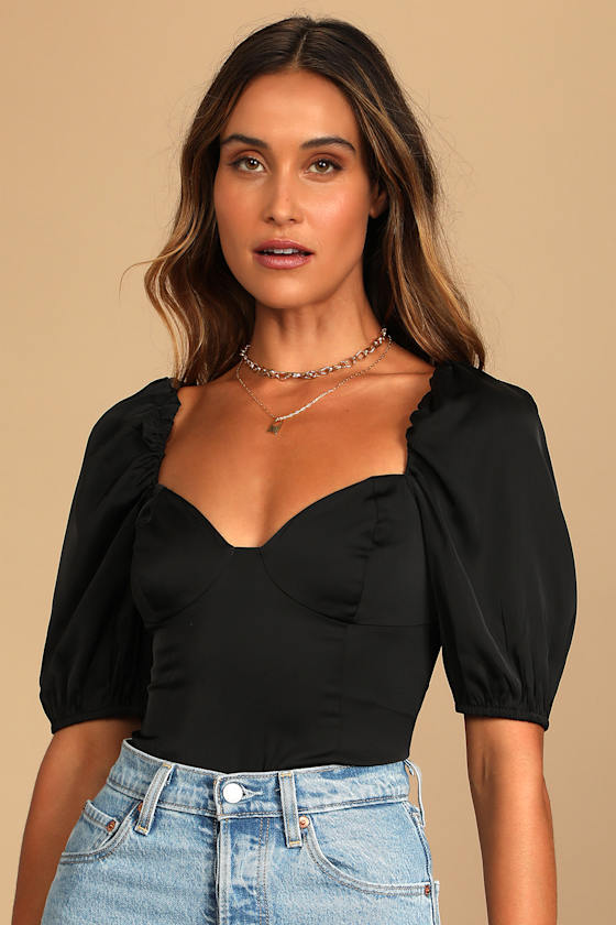 Black Bodysuit Puff Sleeve Bodysuit Short Sleeve Bodysuit Lulus