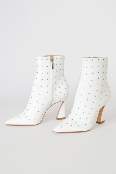 Schutz Belisa White Leather Studded Ankle Booties
