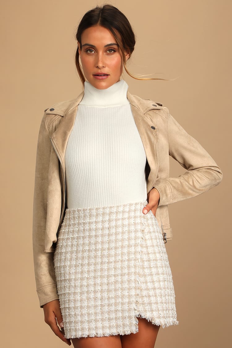 Preppy Reputation Ivory Plaid Tweed Faux-Wrap Mini Skirt