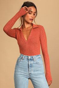 You Belong Here Rust Orange Ribbed Collared Long Sleeve Bodysuit 4