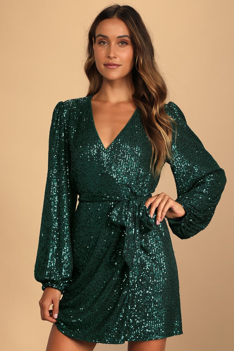Sparkly Darling Emerald Green Sequin Long Sleeve Wrap Dress