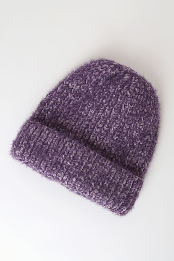 Purple Beanie - Fuzzy Ribbed Knit 