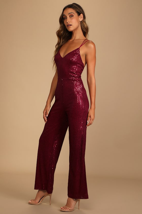 Isn't it Iconic Wine Red Sequin Strappy Jumpsuit 2