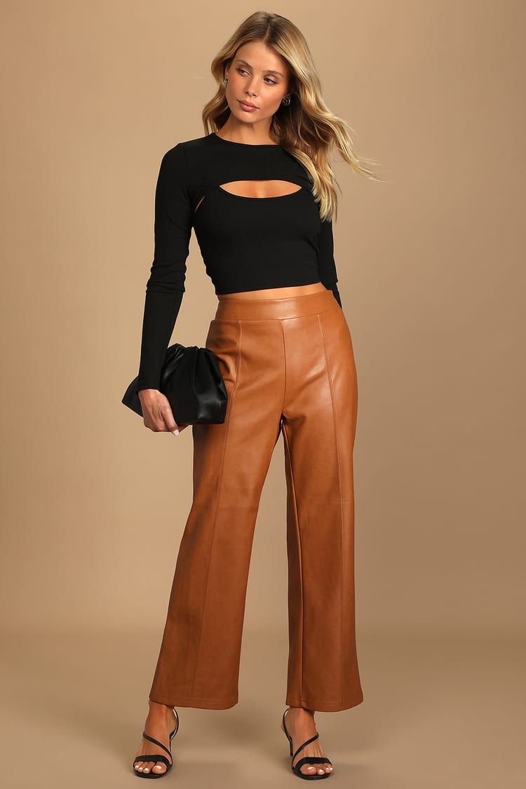 Cognac Faux Leather Pants - High Waisted Pants - Pleather Pants