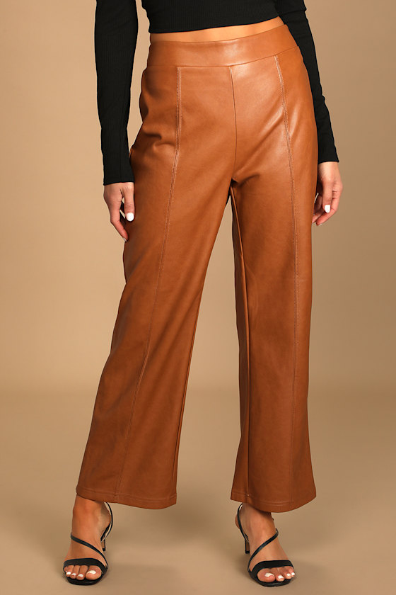Make Headlines Cognac Vegan Leather Straight Leg Pants 4