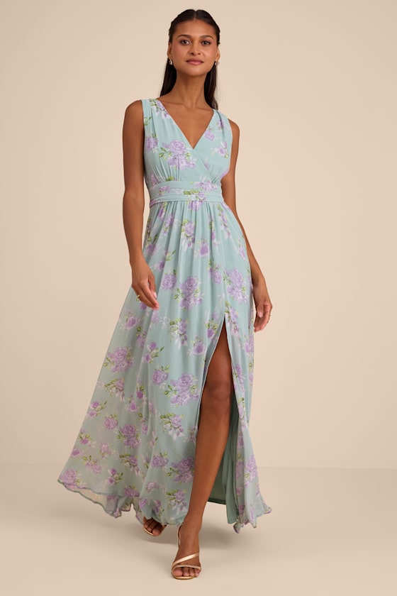 Image of Heavenly Hues Sage Floral Surplice Maxi Dress