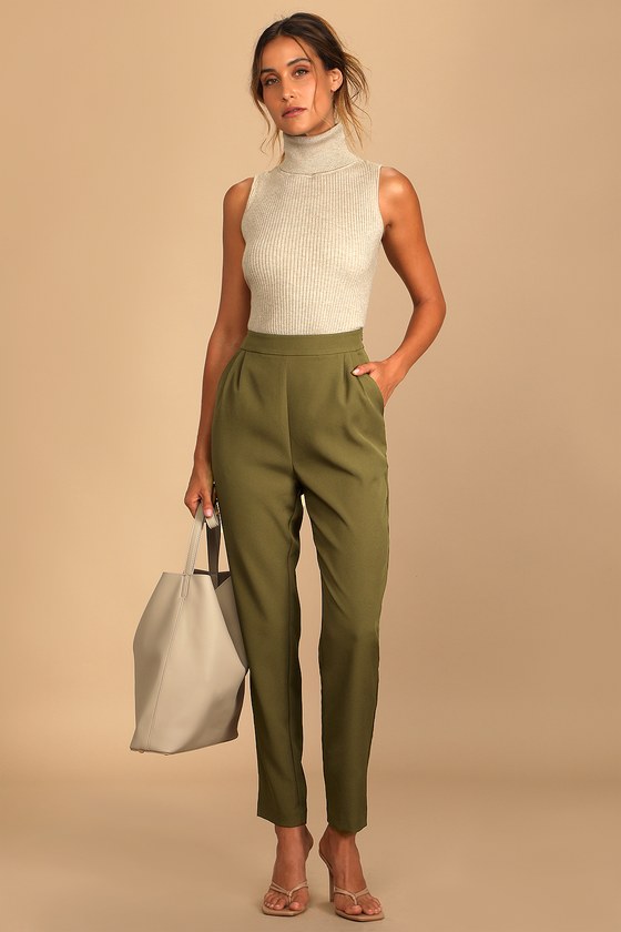 Cute Olive Green Pants - Black Trouser Pants - High Waisted Pants - Lulus