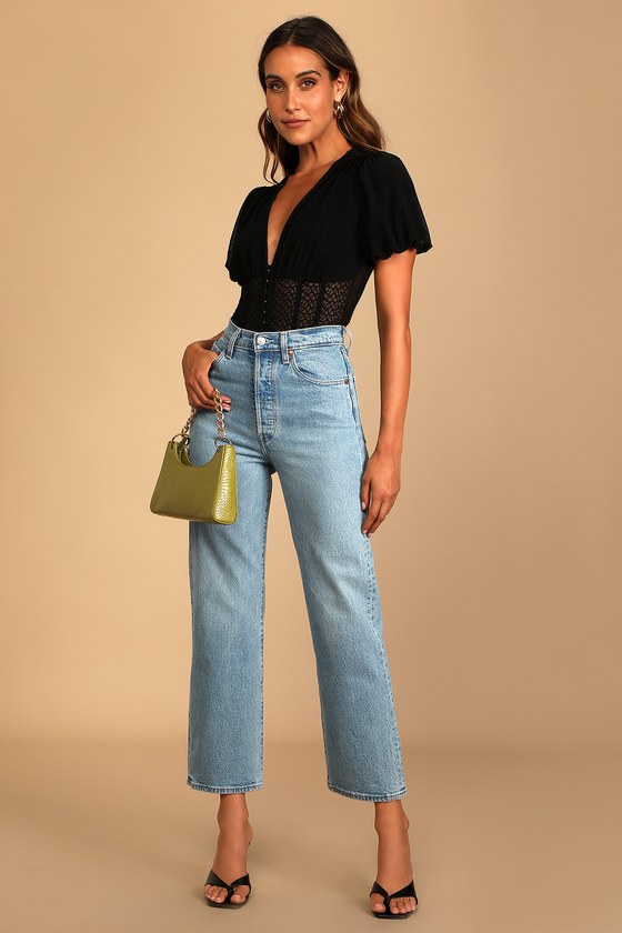 Black Bodysuit - Puff Sleeve Bodysuit - Sheer Mesh Bodysuit