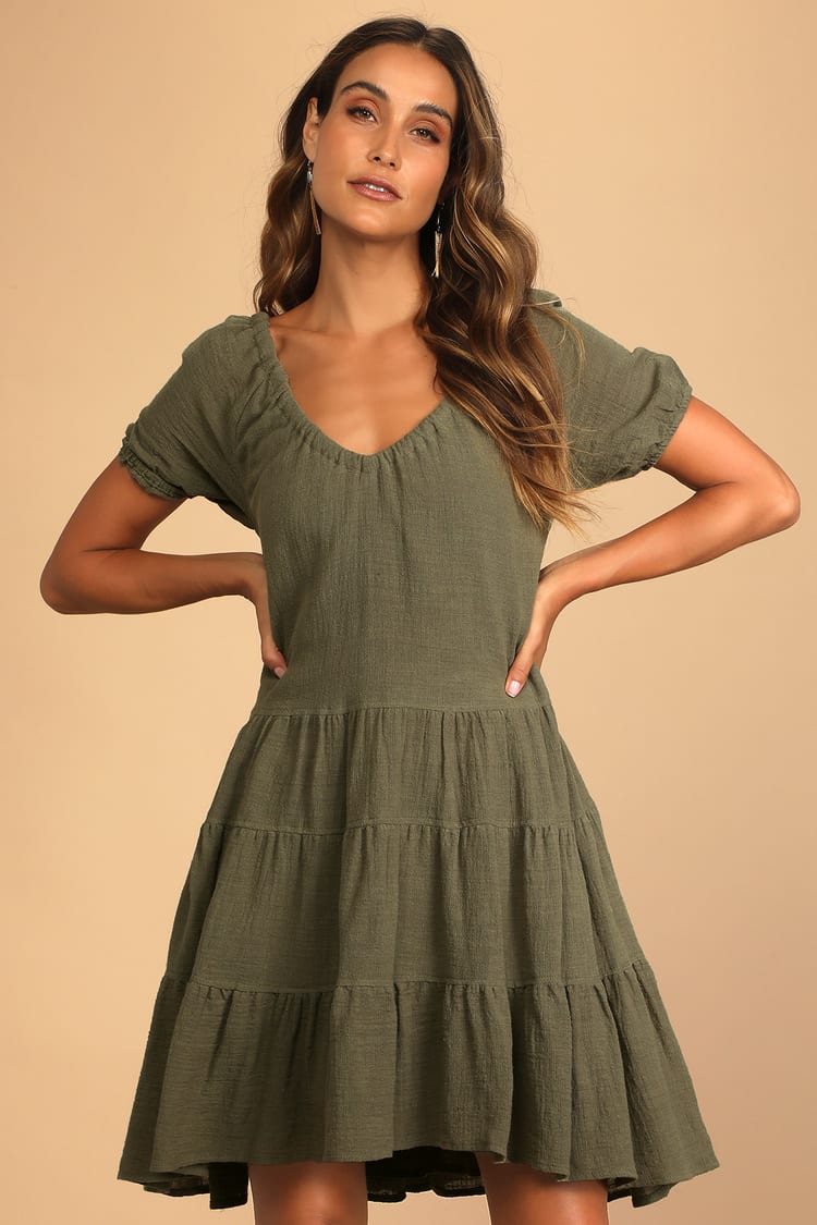 Olive Green Dress - Cotton Mini Dress - Tiered Babydoll Dress - Lulus