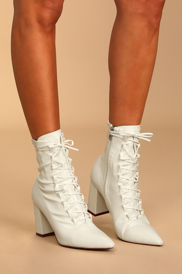 Rella White Lace-Up Pointed Toe Boots