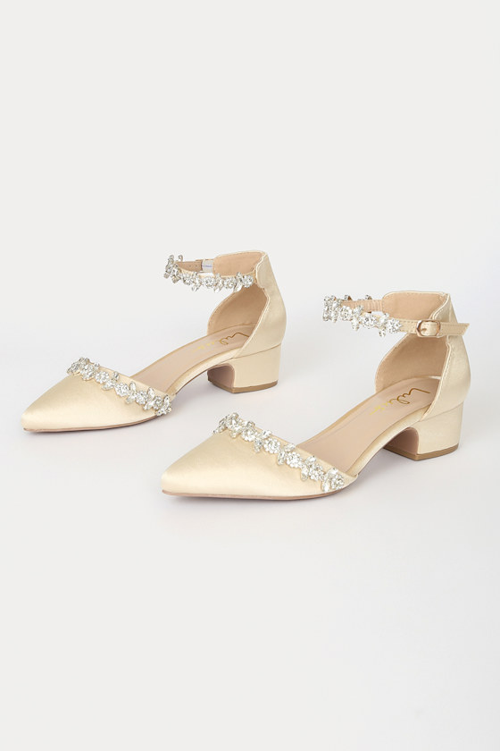 Swayy Champagne Satin Rhinestone Ankle Strap Heels 1