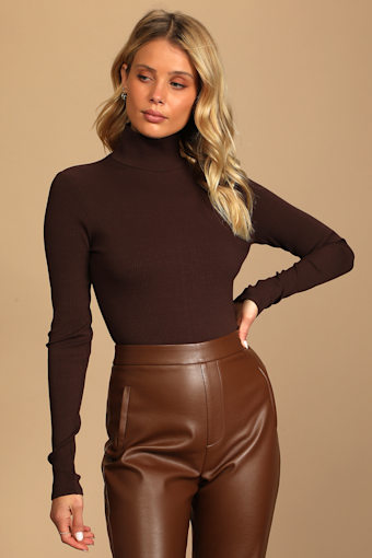 Wilde Dark Brown Ribbed Long Sleeve Mock Neck Bodysuit 4