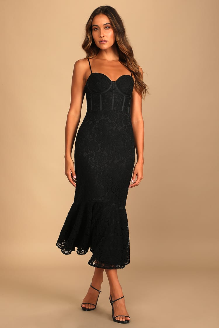 Found Your Love Black Lace Sleeveless Trumpet Midi Dress