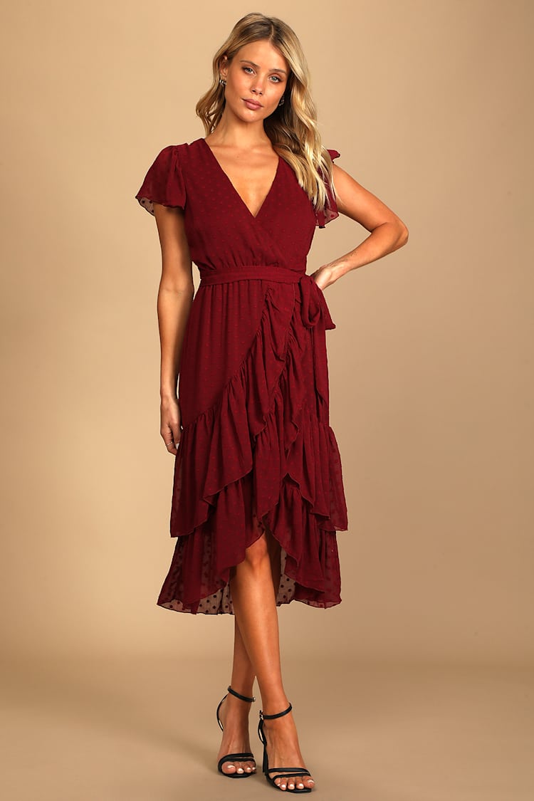 knee length dresses for ladies Sheridan Burgundy Off Shoulder Wrap Effect Midi Dress – Get That Trend