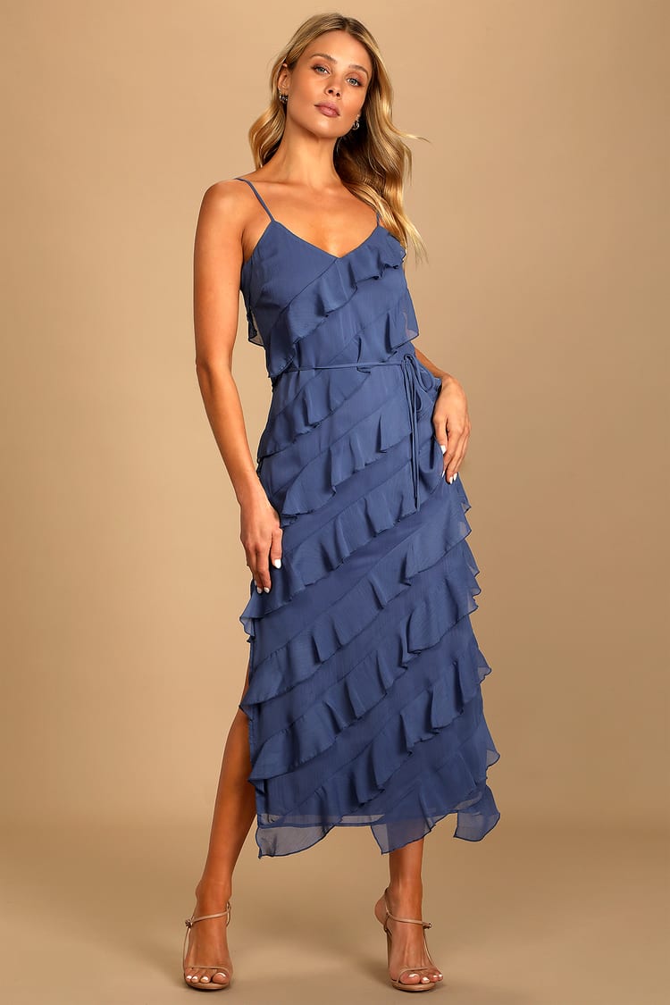 Love the Look Dusty Blue Tiered Ruffled Midi Dress