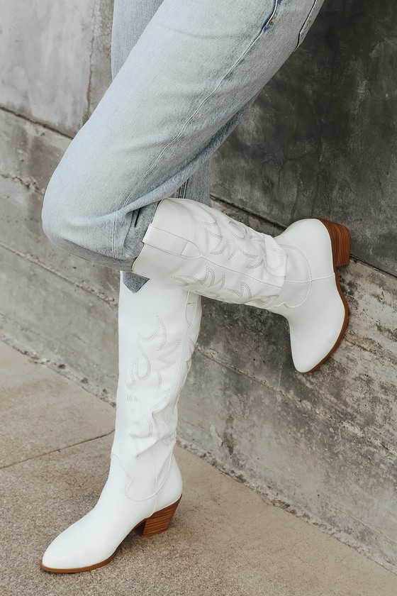 Urson White Pointed-Toe Knee High Boots