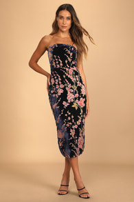 Buy You Flowers Navy Floral Print Velvet Strapless Midi Dress