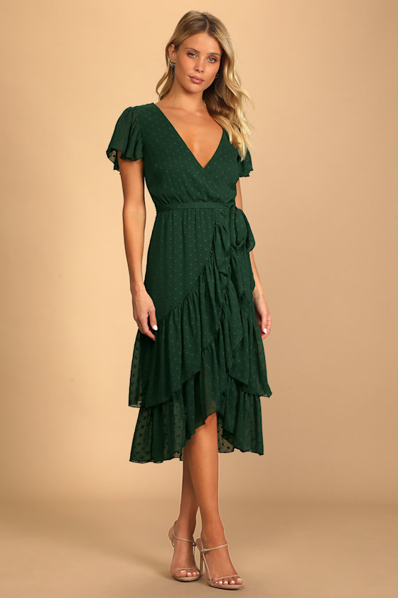 Have Harmony Dark Green Swiss Dot Ruffled Faux Wrap Midi Dress 5