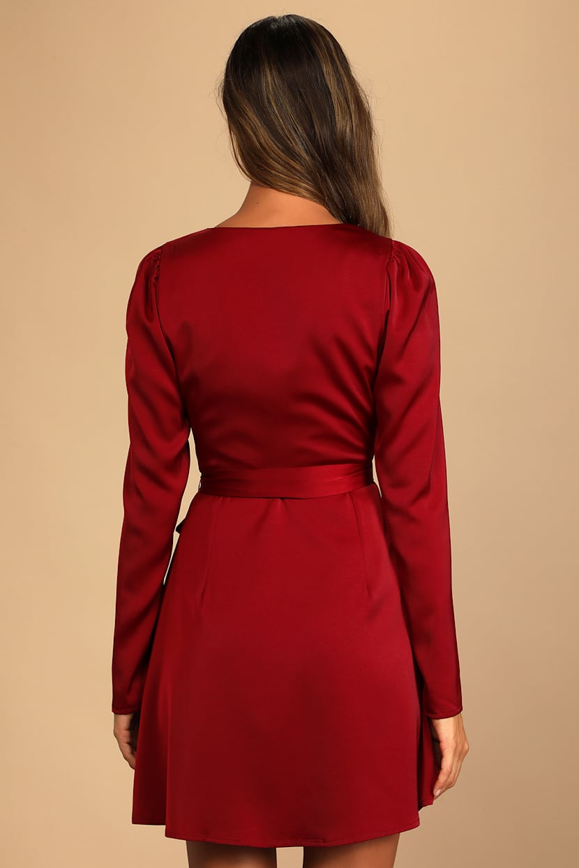 Wine Red Satin Dress - Long Sleeve Mini Dress - Mini Wrap Dress - Lulus