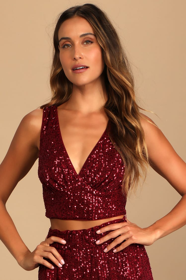 Flawless Sparkle Wine Red Sequin V-Neck Tank Top