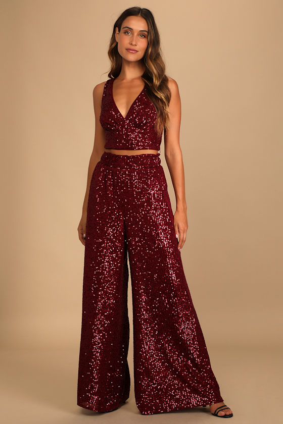 Flawless Sparkle Wine Red Sequin V-Neck Tank Top 4