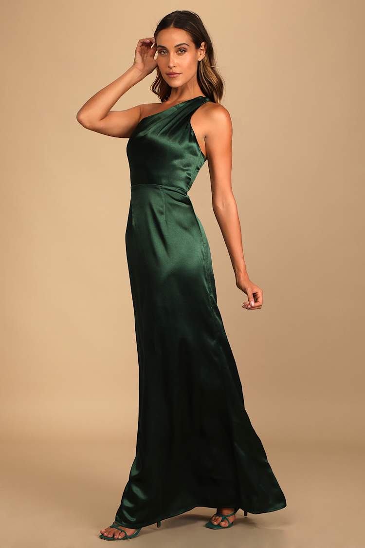 Emerald Green Maxi Dress - Satin Maxi Gown - One-Shoulder Dress - Lulus