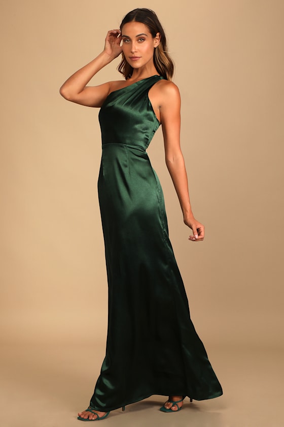 On the Guest List Emerald Green Satin One-Shoulder Maxi Dress 1