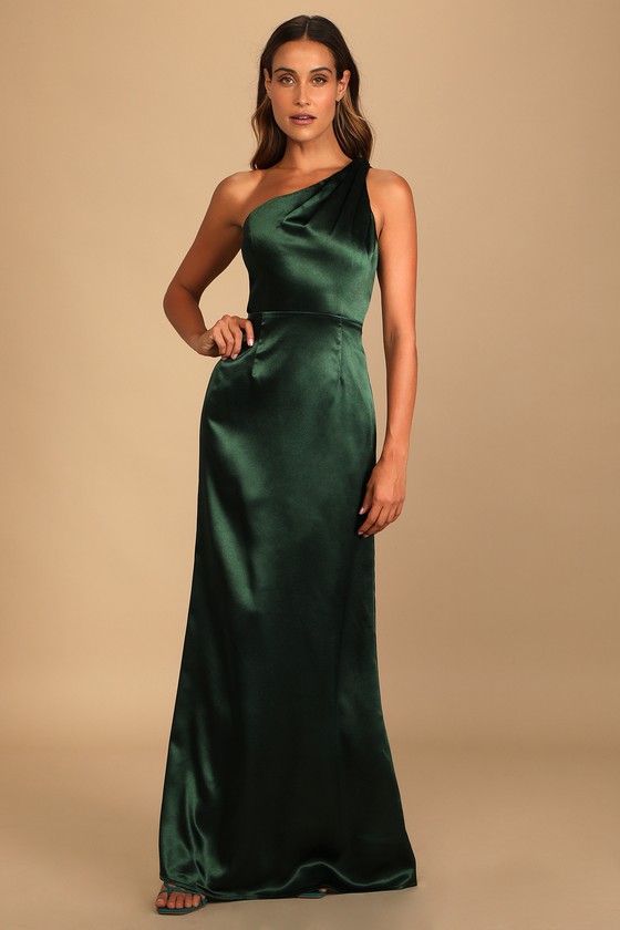On the Guest List Emerald Green Satin One-Shoulder Maxi Dress