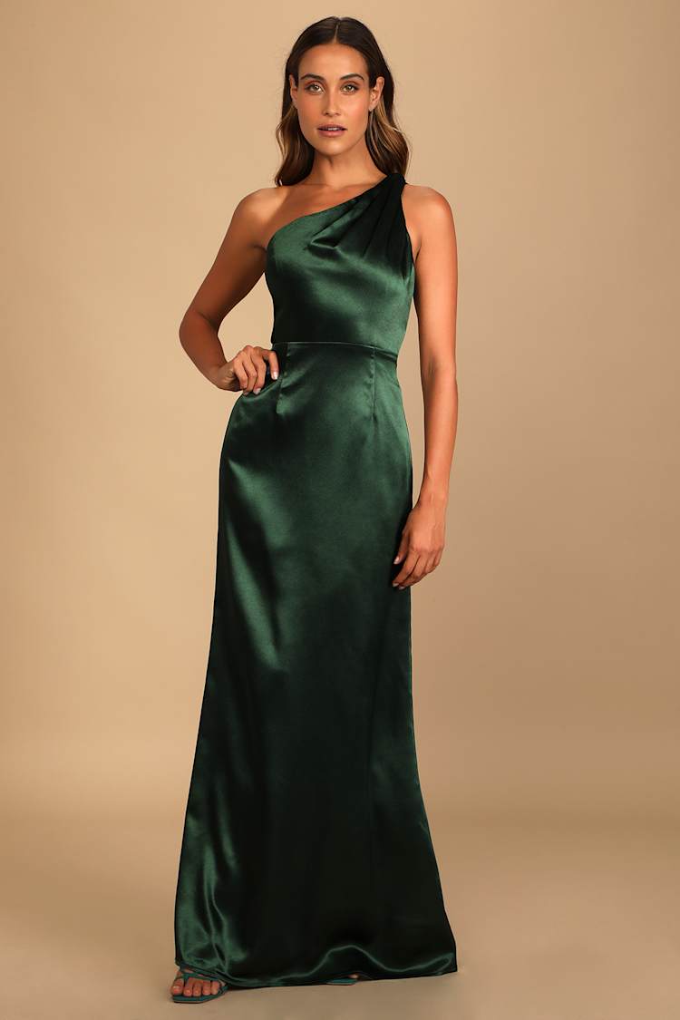 Emerald Green Maxi Dress - Satin Maxi Gown - One-Shoulder Dress 