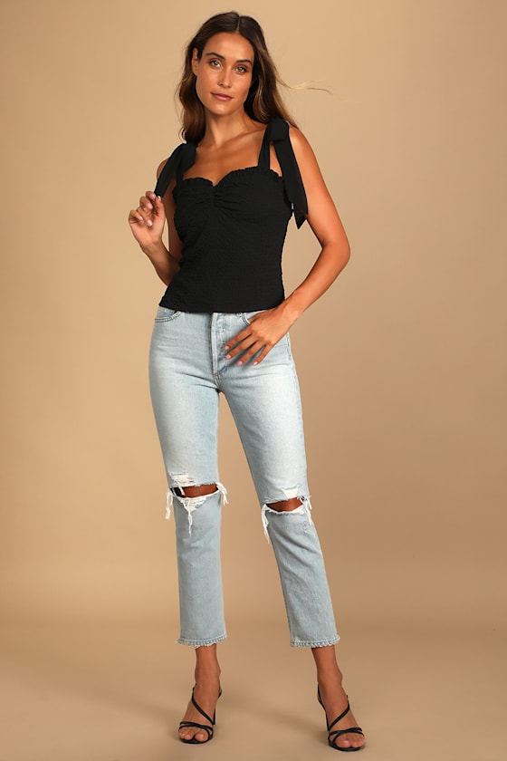 You're a Sweetheart Black Tie-Strap Ruffled Tank Top 5