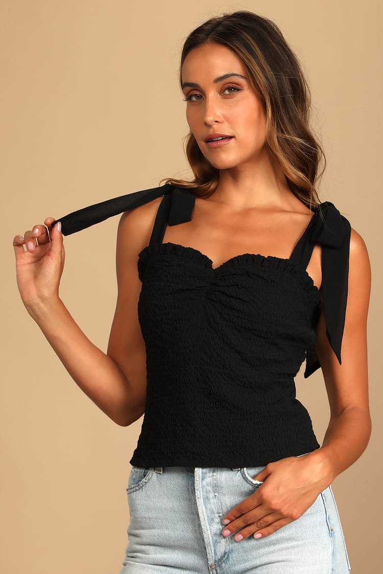 You're a Sweetheart Black Tie-Strap Ruffled Tank Top