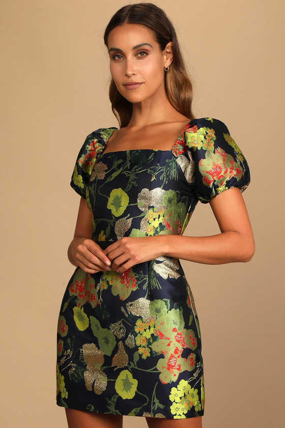 Navy Blue Floral Dress - Jacquard Mini ...