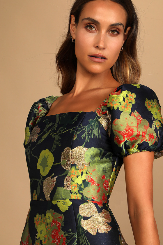 So Stunning Navy Blue Floral Jacquard Puff Sleeve Mini Dress
