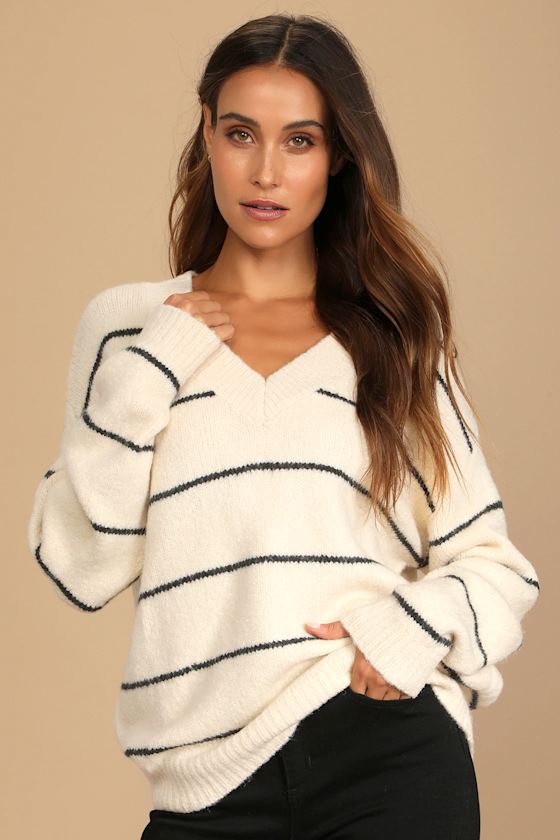 Cream Striped Sweater Oversized Sweater VNeck Sweater Lulus