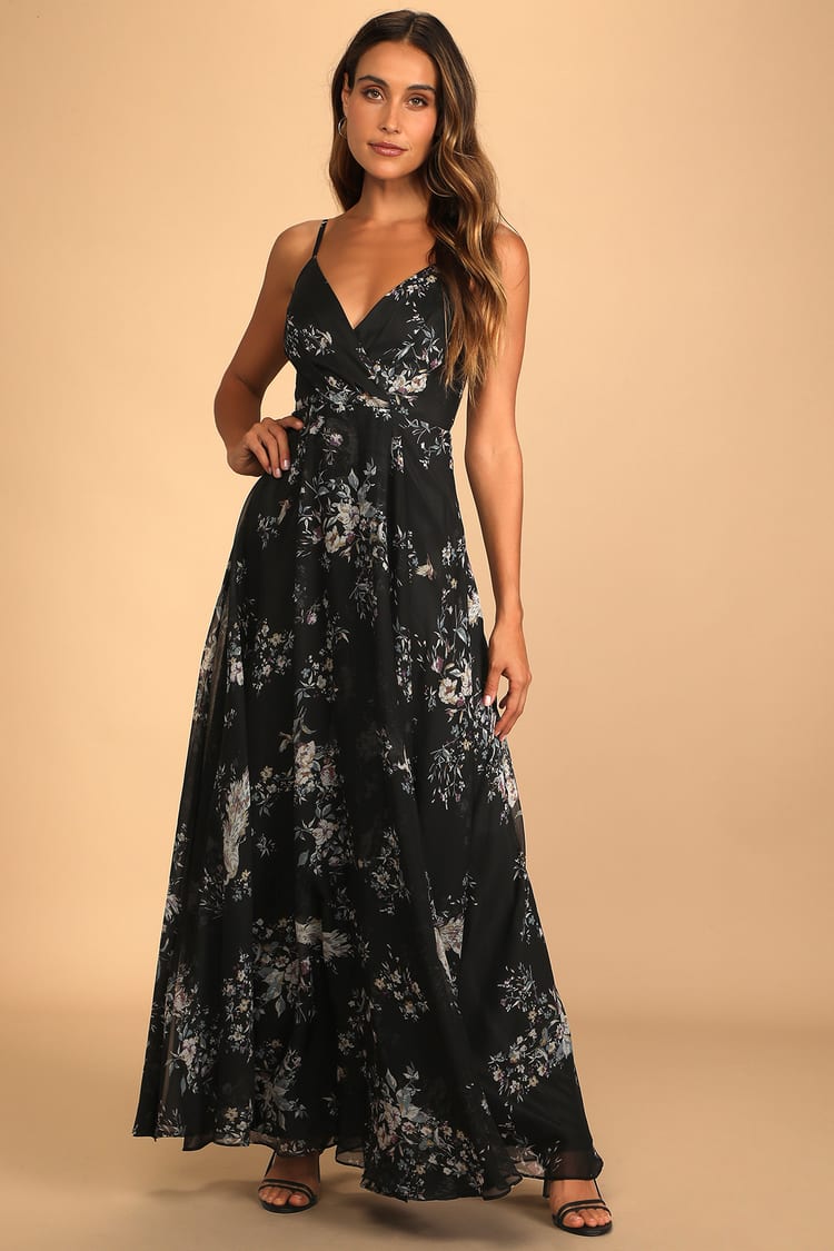 Black Floral Print Dress - Sleeveless Maxi Dress - Chiffon Dress