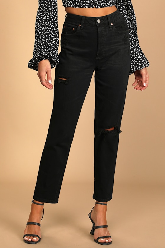The Original Black Denim Distressed High Rise Mom Jeans 4