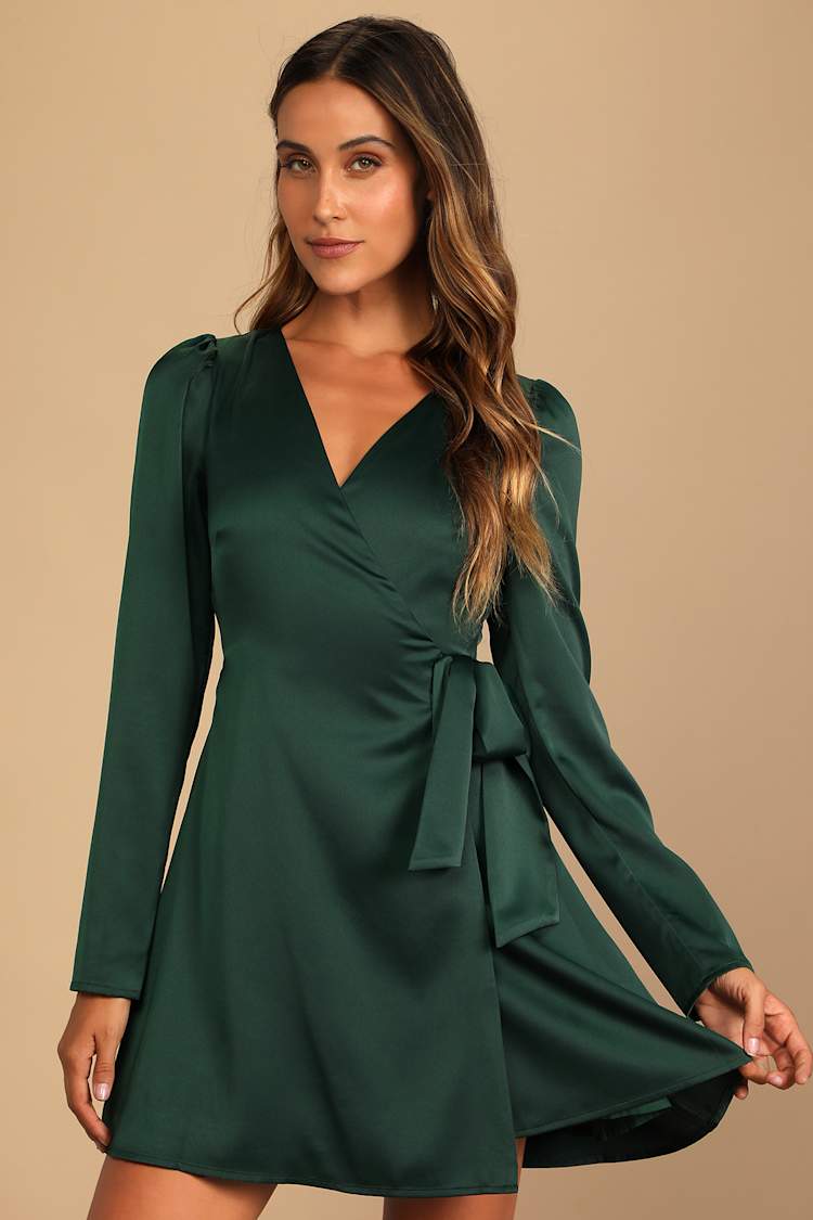 knee length dresses for ladies Dreams Of Fate Long Sleeve Satin Mini Dress Green main image 0