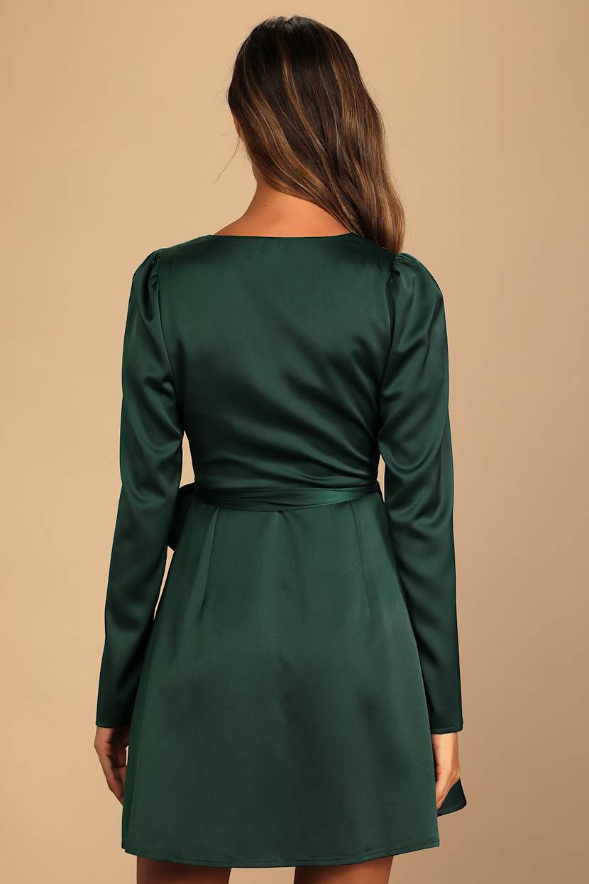 Green Satin Dress - Long Sleeve Mini Dress - Mini Wrap Dress - Lulus